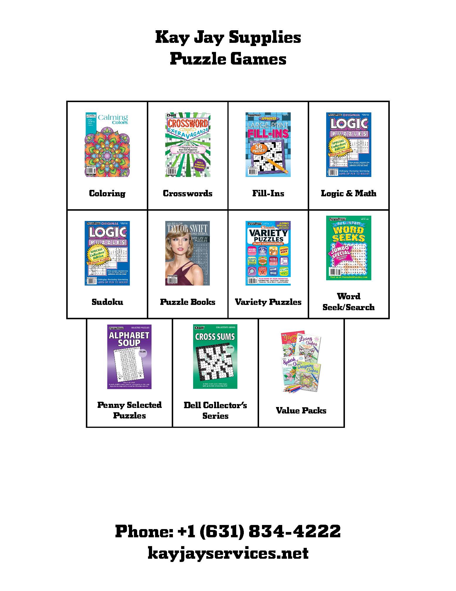 Puzzle Games Coloring Crosswords Fill-Ins Logic & Math Sudoku Puzzle Books Variety Puzzles Word Seek/Search Penny Selected Puzzles Dell Collector’s Series Value Packs