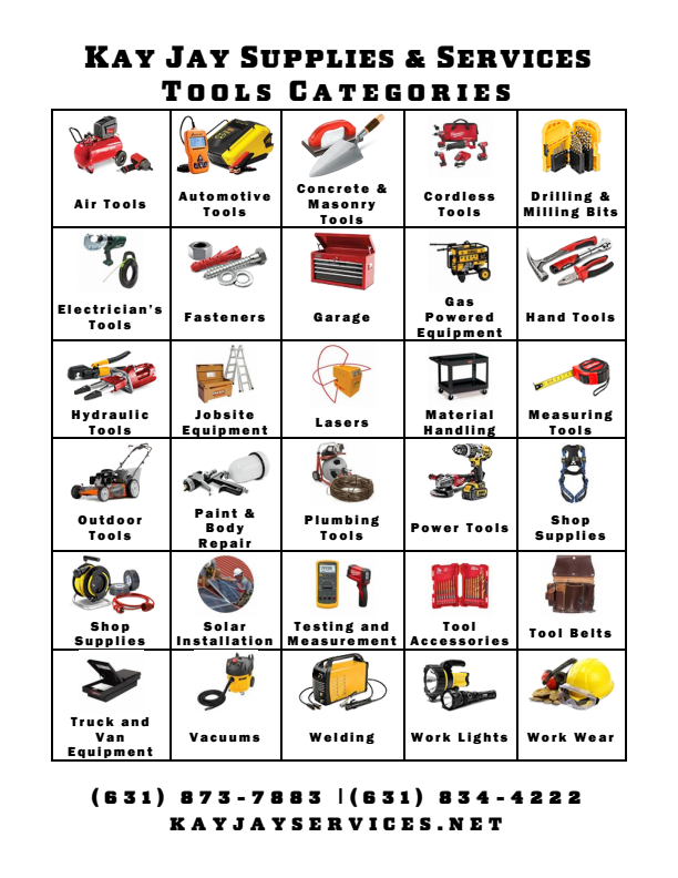 Tools: Automotive Tools, Concrete & Masonry Tools, Cordless Tools, Drilling & Milling Bits, Electrician’s Tools, Fasteners, Garage, Gas Powered Equipment, Hand Tools, Hydraulic Tools, Jobsite Equipment, Lasers, Material Handling, Measuring Tools, Outdoor Tools, Paint & Body Repair, Plumbing Tools, Power Tools, Shop Supplies, Shop Supplies, Solar Installation, Testing and Measurement, Tool Accessories, Tool Belts, Truck and Van Equipment, Vacuums, Welding, Work Lights, Work Wear