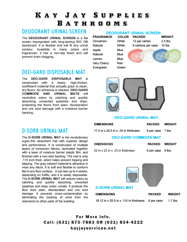Bathrooms Flyer: Deodorant urinal screen, Deo-Gard disposable mat, D-Sorb Urinal Mat